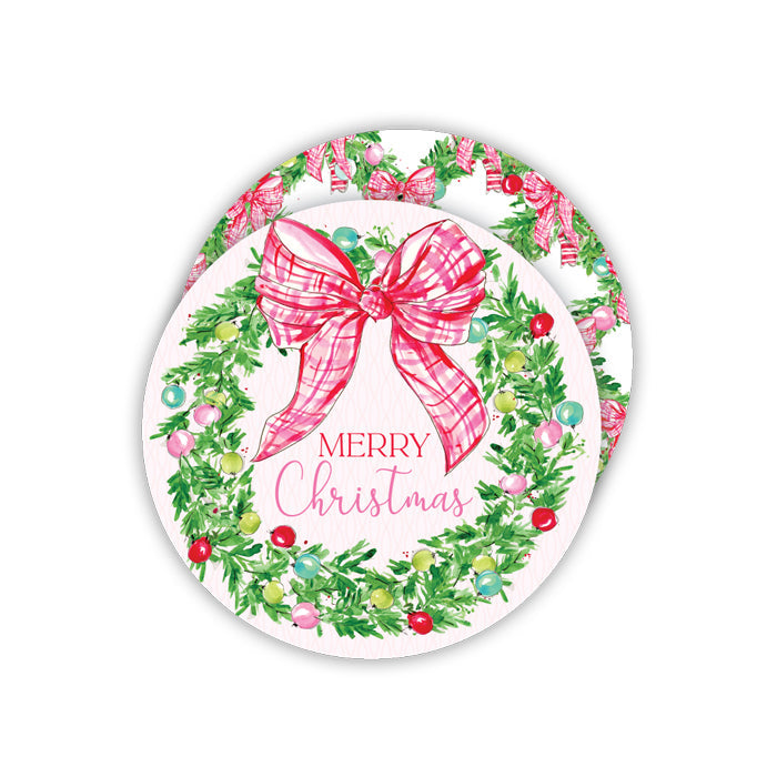 Merry Christmas Wreath with Colorful Ornaments Round Coasters