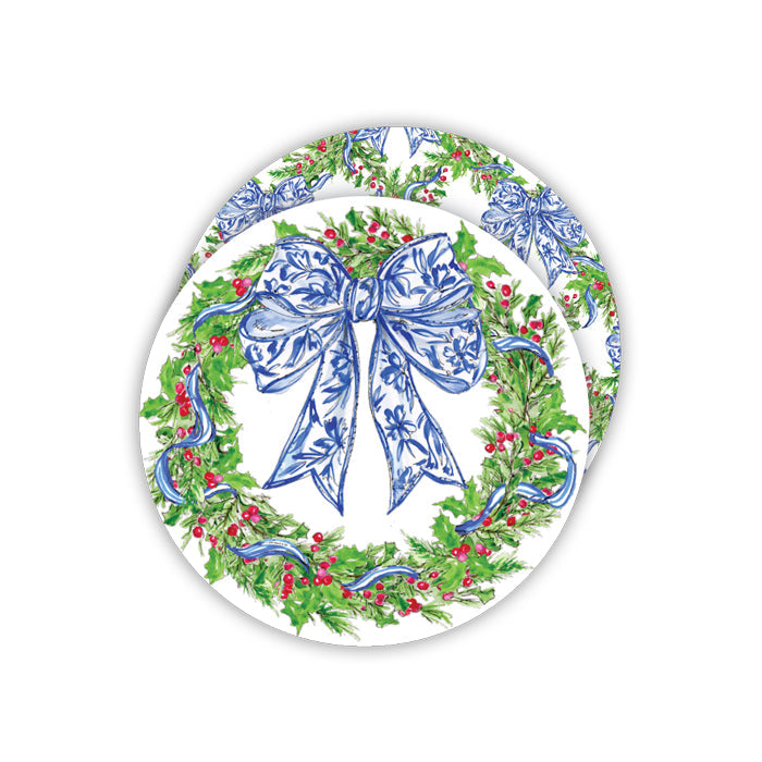 Christmas Wreath with Blue Chinoiserie Bows Round Coaster