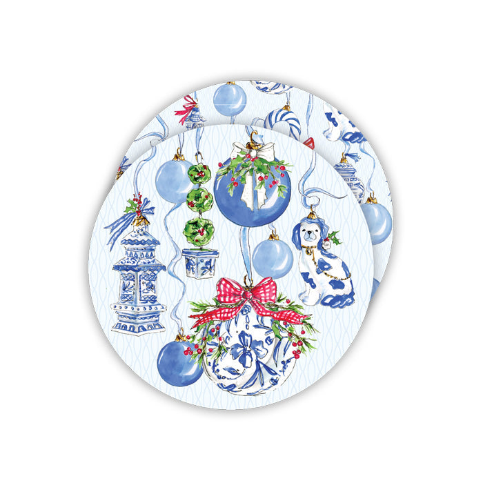Blue Chinoiserie Ornaments with Bows Round Coasters