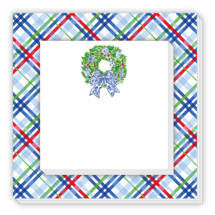 Blue Chinoiserie Wreath Blue Red Green Plaid Notepad Duo
