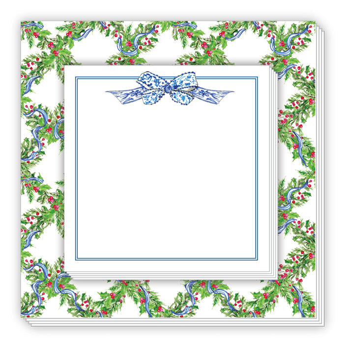 Blue Chinoiserie Bow Holly Berries Trellis Notepad Duo