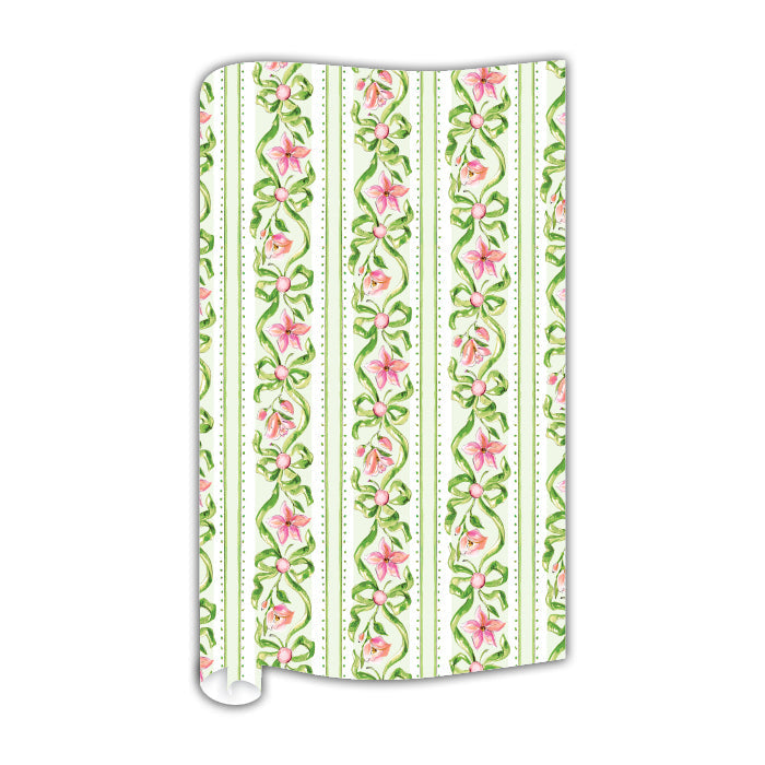 Garden Party Green & Coral Floral Stripe Wrapping Paper