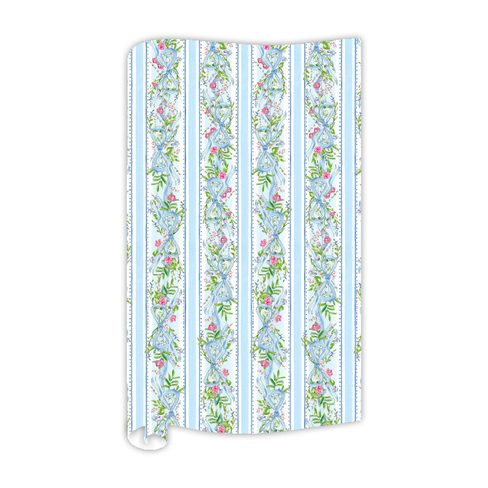 Blue Bows And Floral Stripe Wrapping Paper