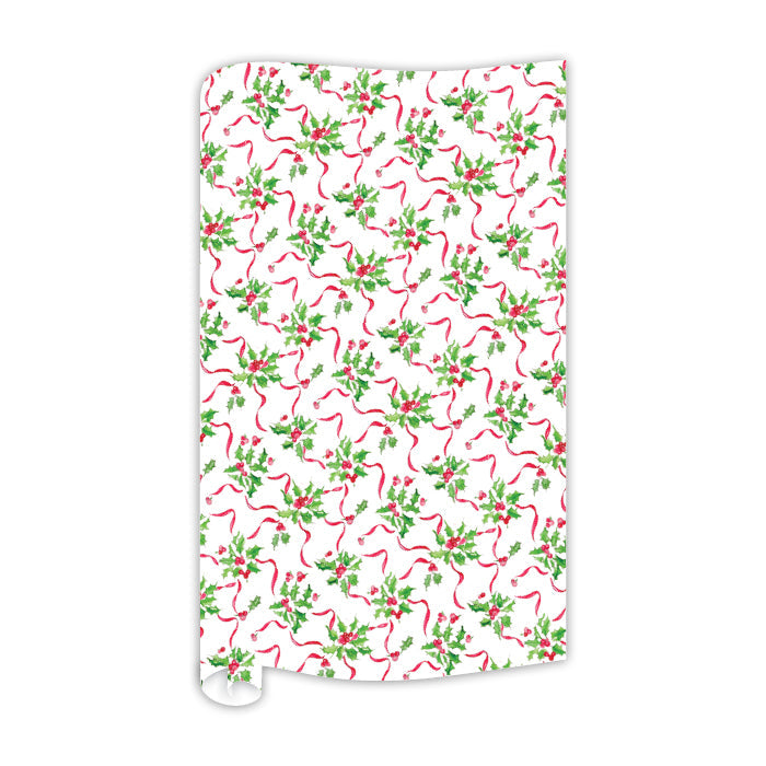 Holly and Berries with Red Ribbon Wrapping Paper