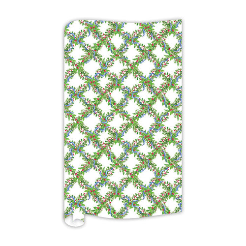 Holly with Berries Trellis and Blue Ribbon Wrapping Paper