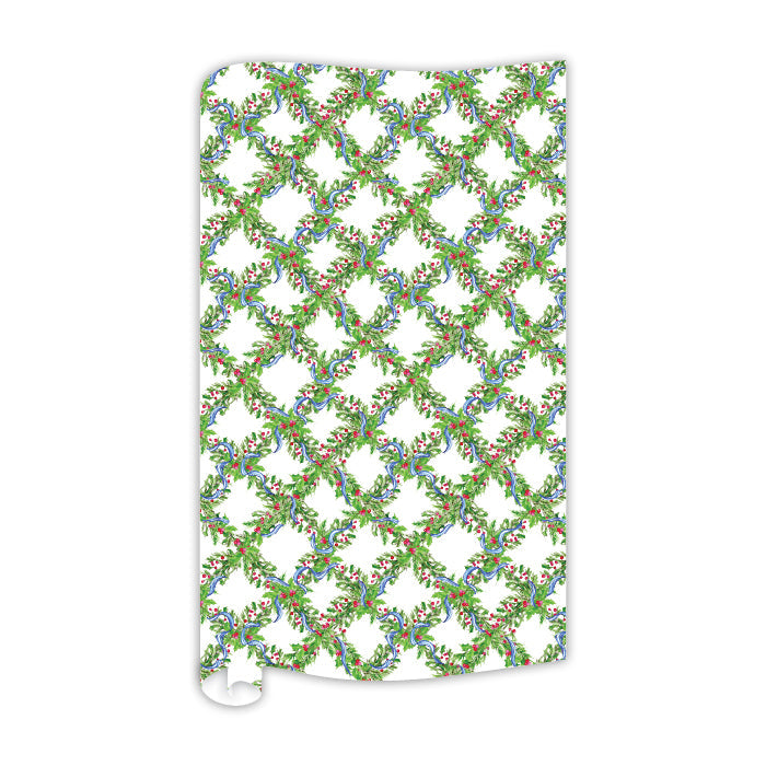 Holly with Berries Trellis and Blue Ribbon Wrapping Paper