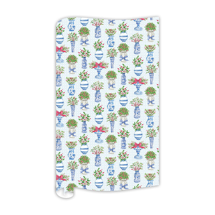 Blue Chinoiserie Pots with Holly Pattern Wrapping Paper