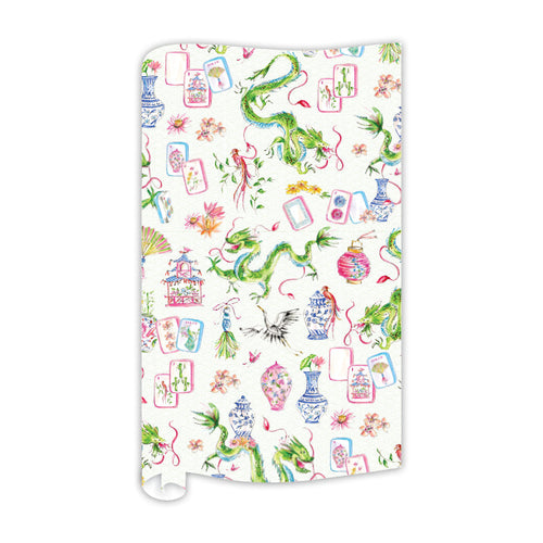 Mahjong Dragon Blue Chinoiserie Pots Pattern Wrapping Paper