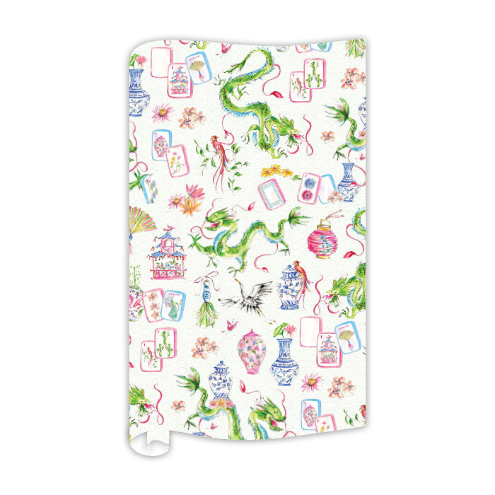 Mahjong Dragon Blue Chinoiserie Pots Pattern Wrapping Paper