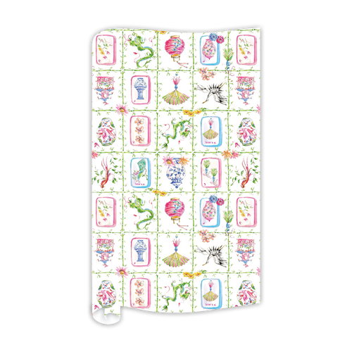 Mahjong Icons in Green Bamboo Trellis Grid Wrapping Paper