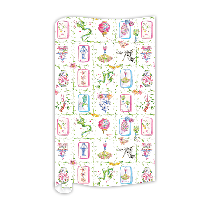 Mahjong Icons in Green Bamboo Trellis Grid Wrapping Paper