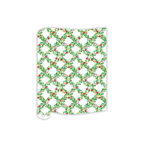 Green Garland Trellis with Colorful Ornaments Table Runner