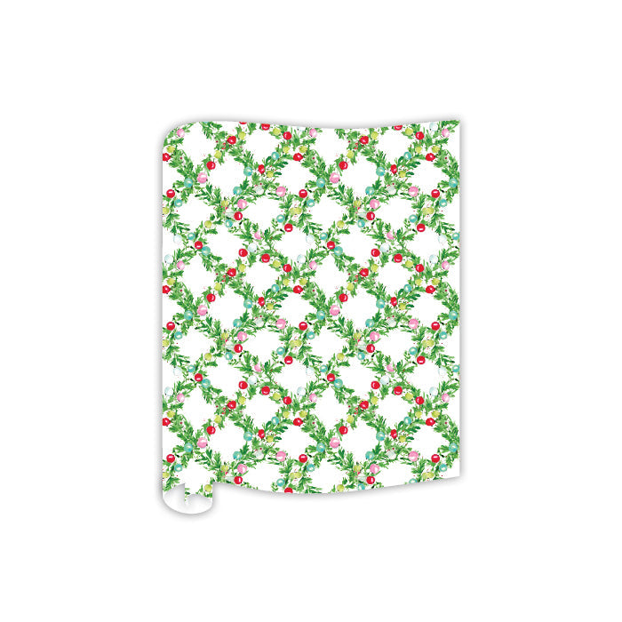 Green Garland Trellis with Colorful Ornaments Table Runner