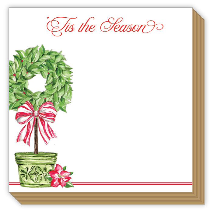 Tis The Season Wreath Topiary Red Striped Bow Luxe Notepad