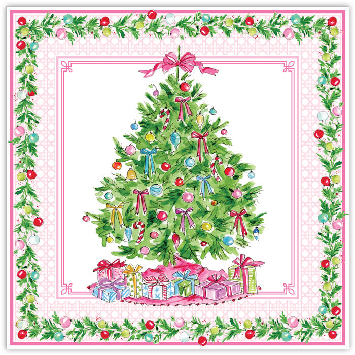 Christmas Tree with Colorful Ornaments and Gifts Pink Square Placemat