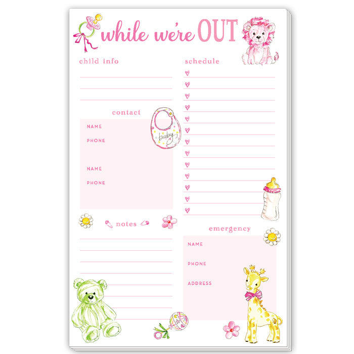 Pink While We're Out Babysitter Notes Large Notepad