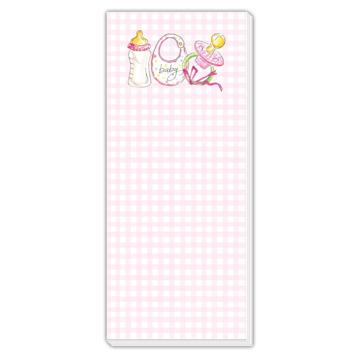 Baby Bottle Bib And Paci On Pink Gingham Skinny Notepad