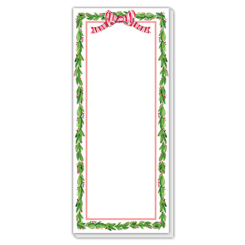 Holly with Berries Border and Red Striped Bow Skinny Notepad