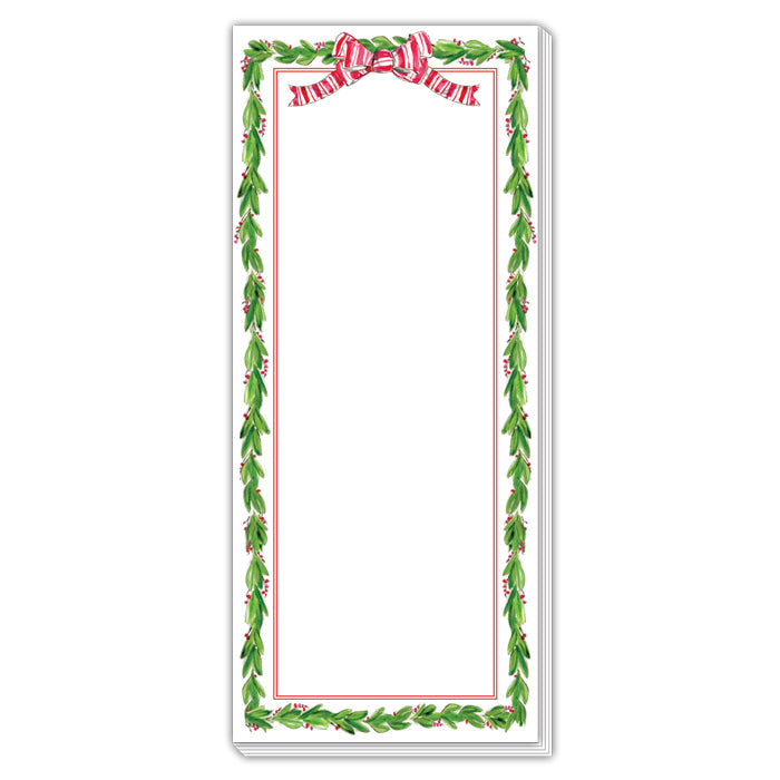 Holly with Berries Border and Red Striped Bow Skinny Notepad