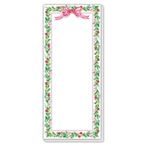 Holly Colorful Ornaments Border Pink Plaid Skinny Notepad