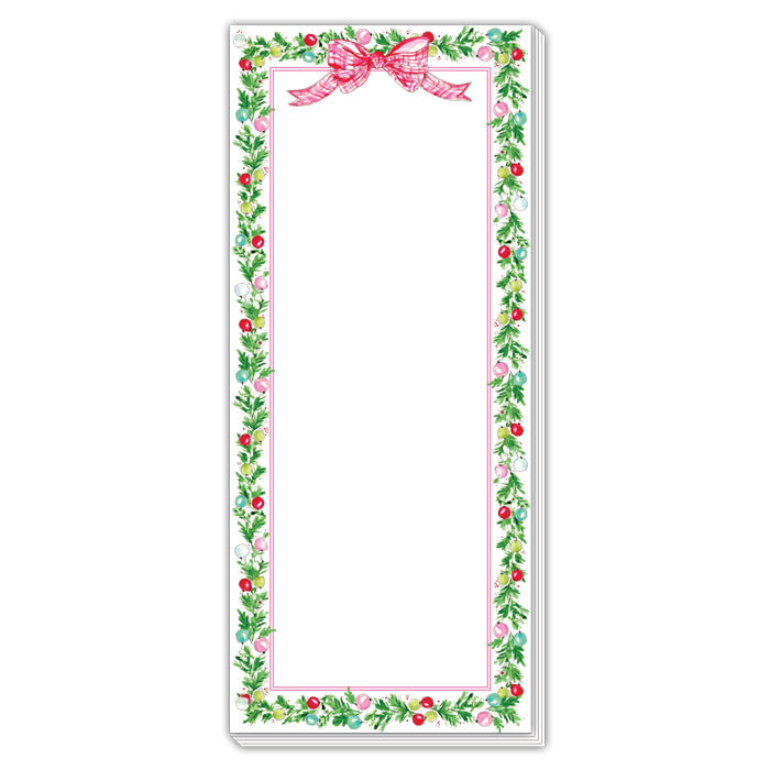Holly Colorful Ornaments Border Pink Plaid Skinny Notepad