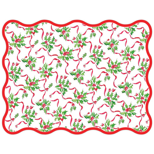 Holly Berry and Red Ribbon Wavy Edge Posh Die-Cut Placemats