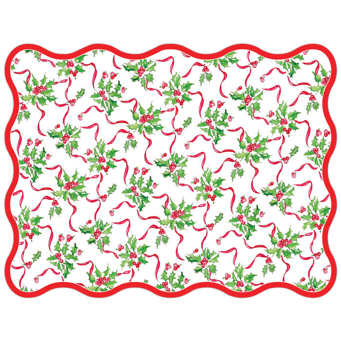 Holly Berry and Red Ribbon Wavy Edge Posh Die-Cut Placemats