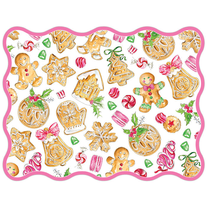 Gingerbread Cookies and Treats Pattern Pink Wavy Edge Posh Die-Cut Placemats