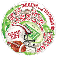 Handpainted Cardinal Red and White Tailgates and Touchdowns Stadium Round Posh Die-Cut Placemat