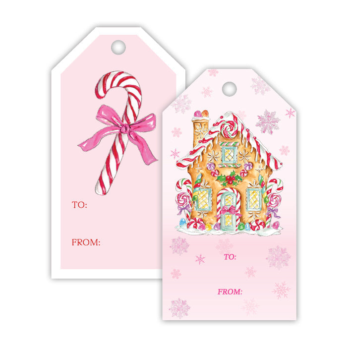 Pink Gingerbread House and Candy Cane Gift Tag Set