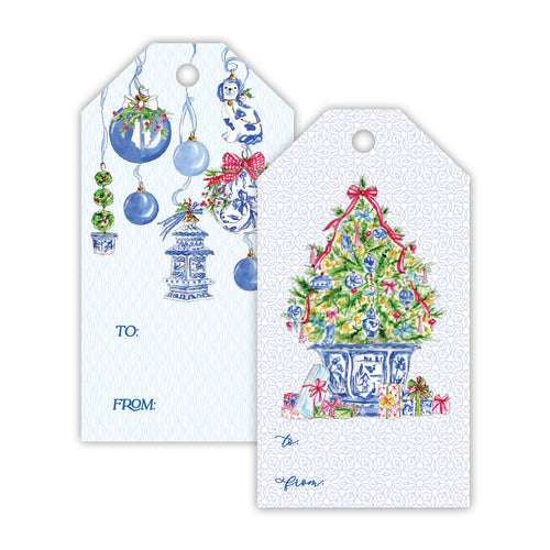 Blue Chinoiserie Christmas Tree and Ornaments Gift Tag Set