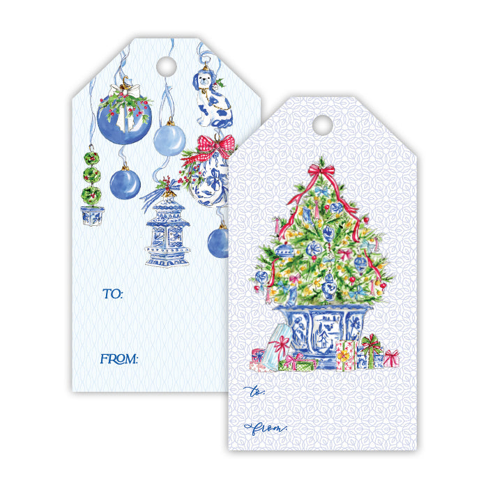 Blue Chinoiserie Christmas Tree and Ornaments Gift Tag Set