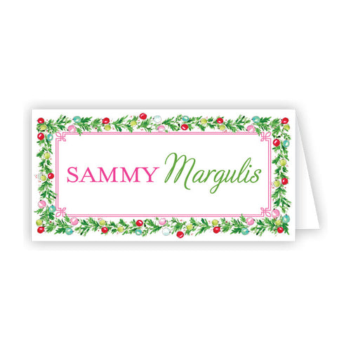Christmas Wreath with Colorful Ornaments Place Cards