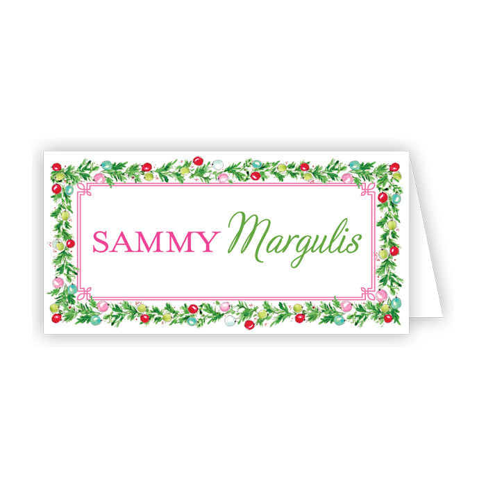 Christmas Wreath with Colorful Ornaments Place Cards