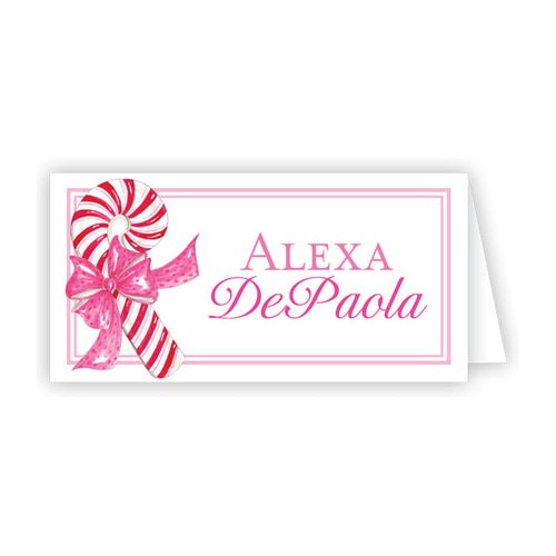 Red Pink Striped Candy Cane with Polka Dot Pink Bow Place Cards