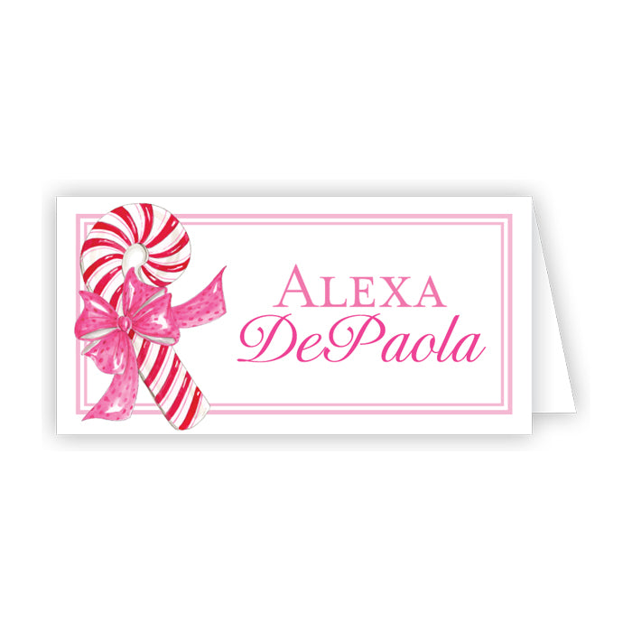 Red Pink Striped Candy Cane with Polka Dot Pink Bow Place Cards
