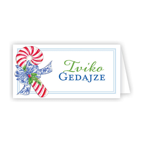 Striped Candy Cane with Blue Bow Place Cards