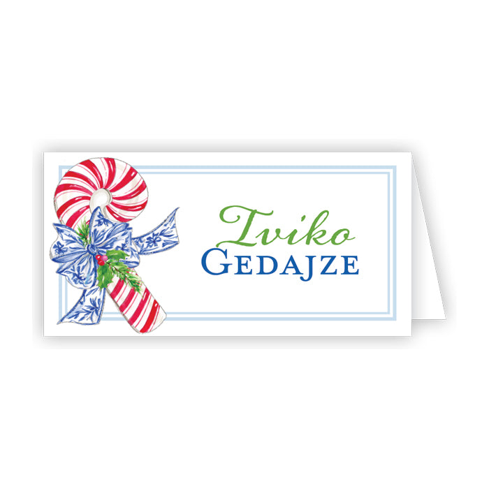Striped Candy Cane with Blue Bow Place Cards