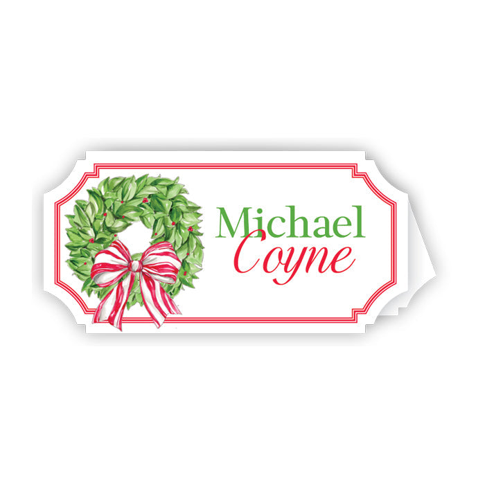 Christmas Wreath Berries with Red Striped Bow Die-Cut Placecard