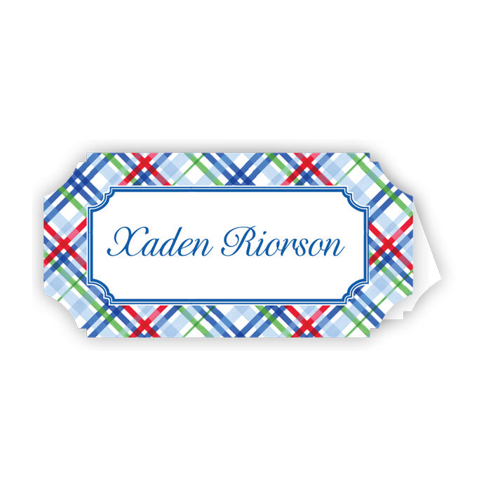Blue Red and Green Plaid Die-Cut Place Cards