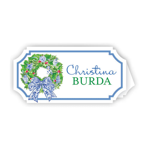 Wreath with Blue Chinoiserie Ornament Die-Cut Place Cards