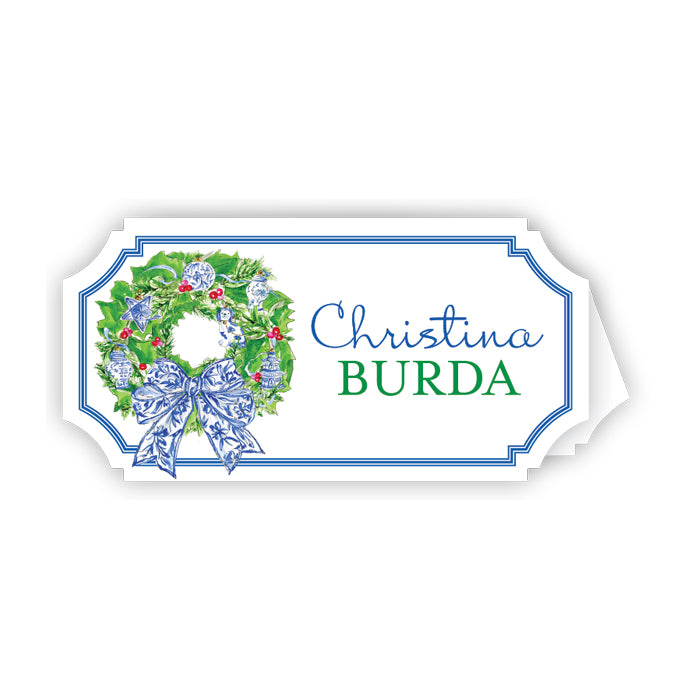 Wreath with Blue Chinoiserie Ornament Die-Cut Place Cards