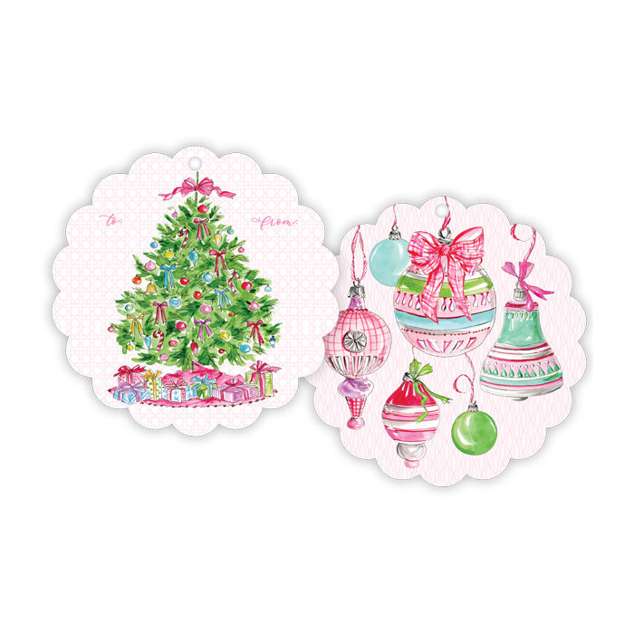 Pink Christmas Tree with Ornaments Scalloped Gift Tag Set