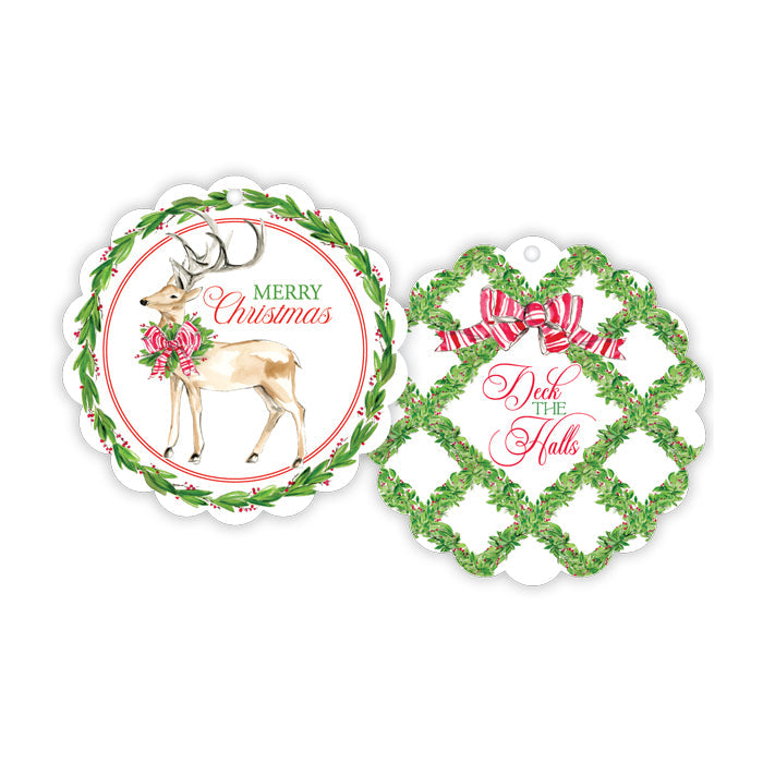 Deer with Holly & Red Bow Scalloped Gift Tag Set