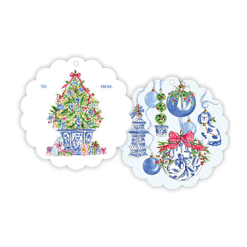 Blue Chinoiserie Christmas Tree Scalloped Gift Tag Set