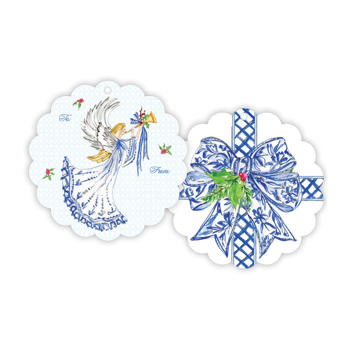 Blue Chinoiserie Bow & Angel Scalloped Gift Tag Set