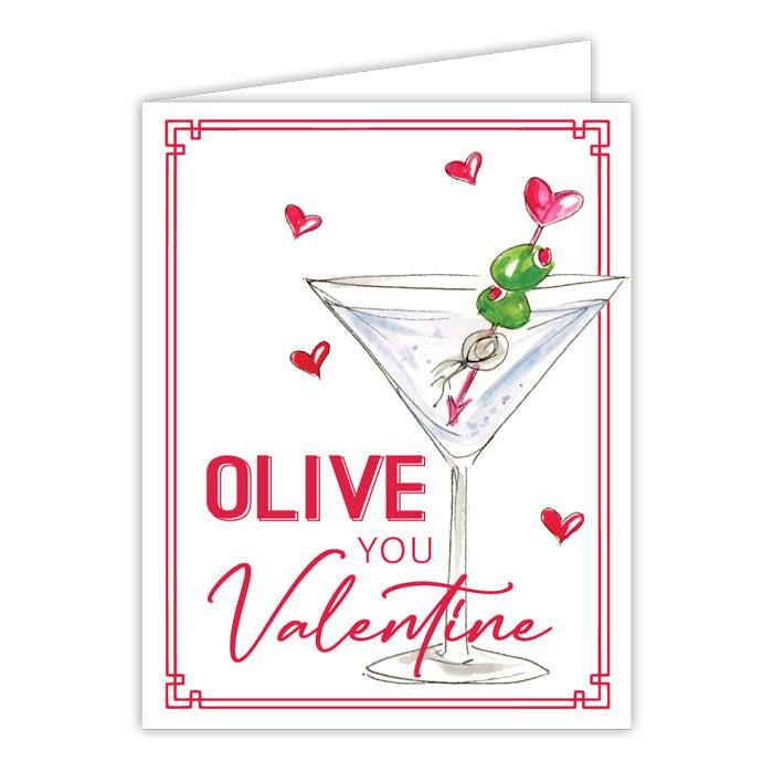 Olive You Valentine Martini with Red Hearts Greeting Card