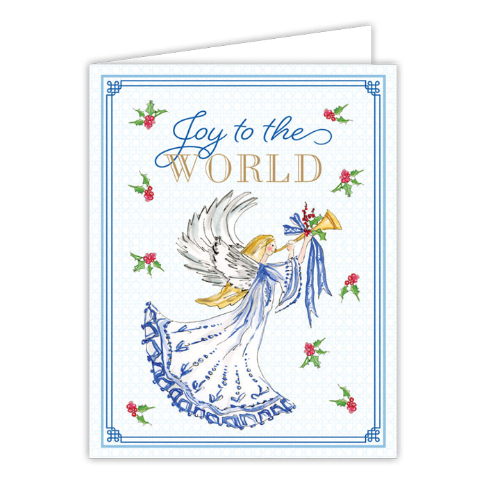 Joy To The World Blue Angel with Trumpet Greeting Card