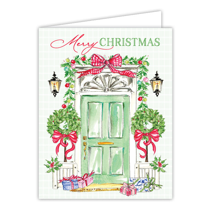 Merry Christmas Porch with Holly Topiaries Greeting Card