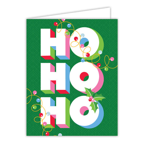 HO HO HO Colorful Ornaments and Holly Greeting Card